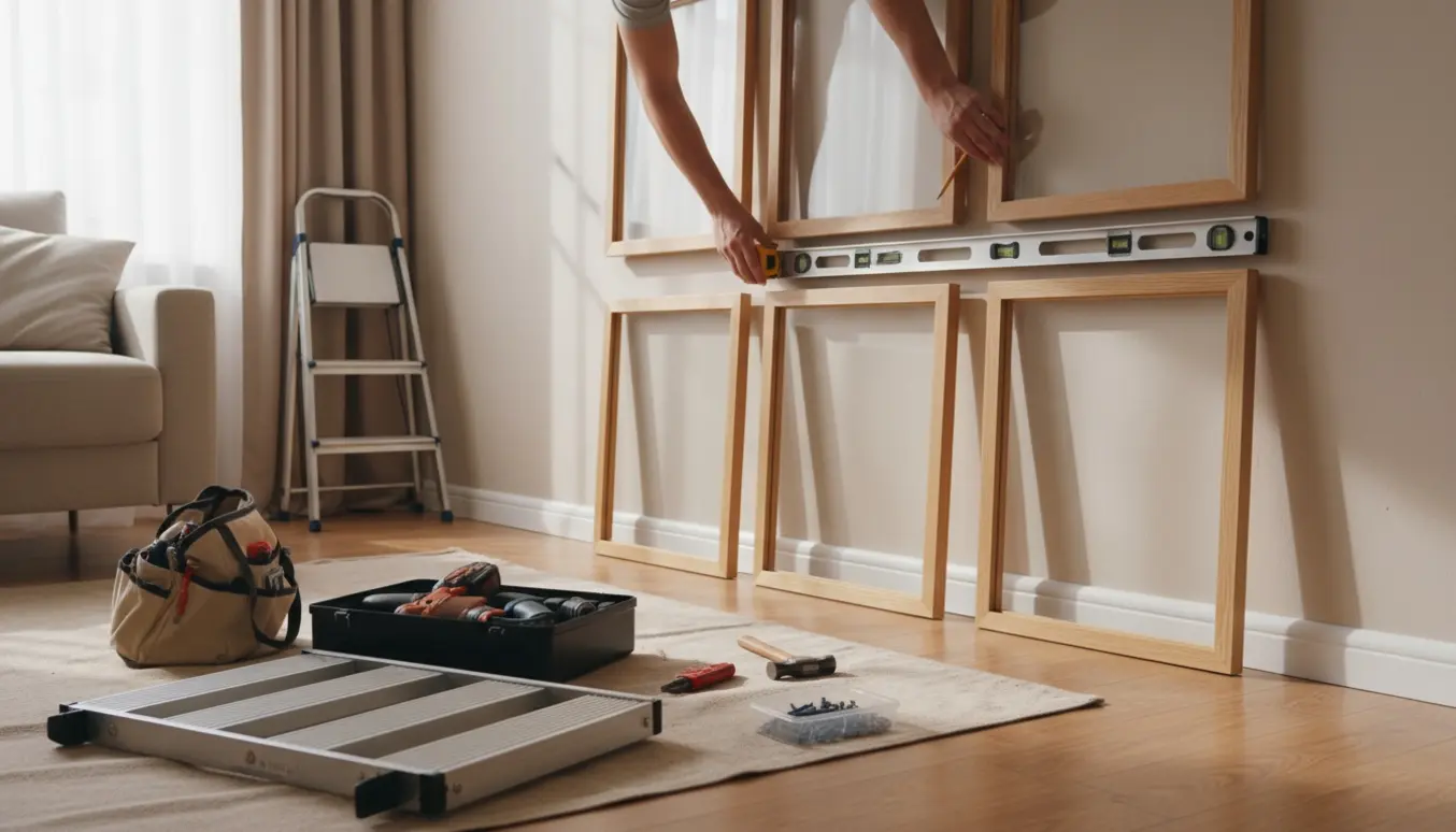 Hænder forbereder ophængning af seks billedrammer på en væg med værktøj og skruer klar ved siden af.