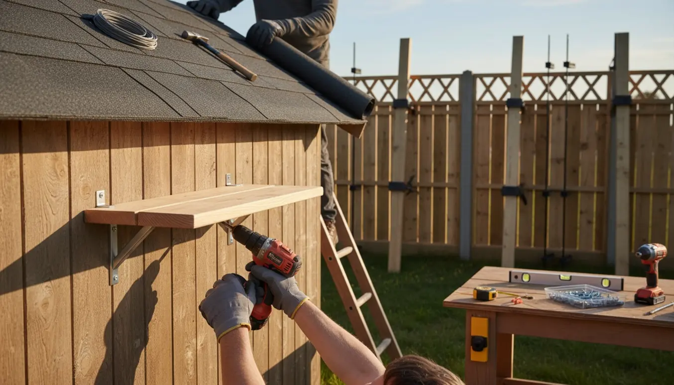 Hænger hylder og lamper op ved et skur med lappet tag og forstærket raftehegn.