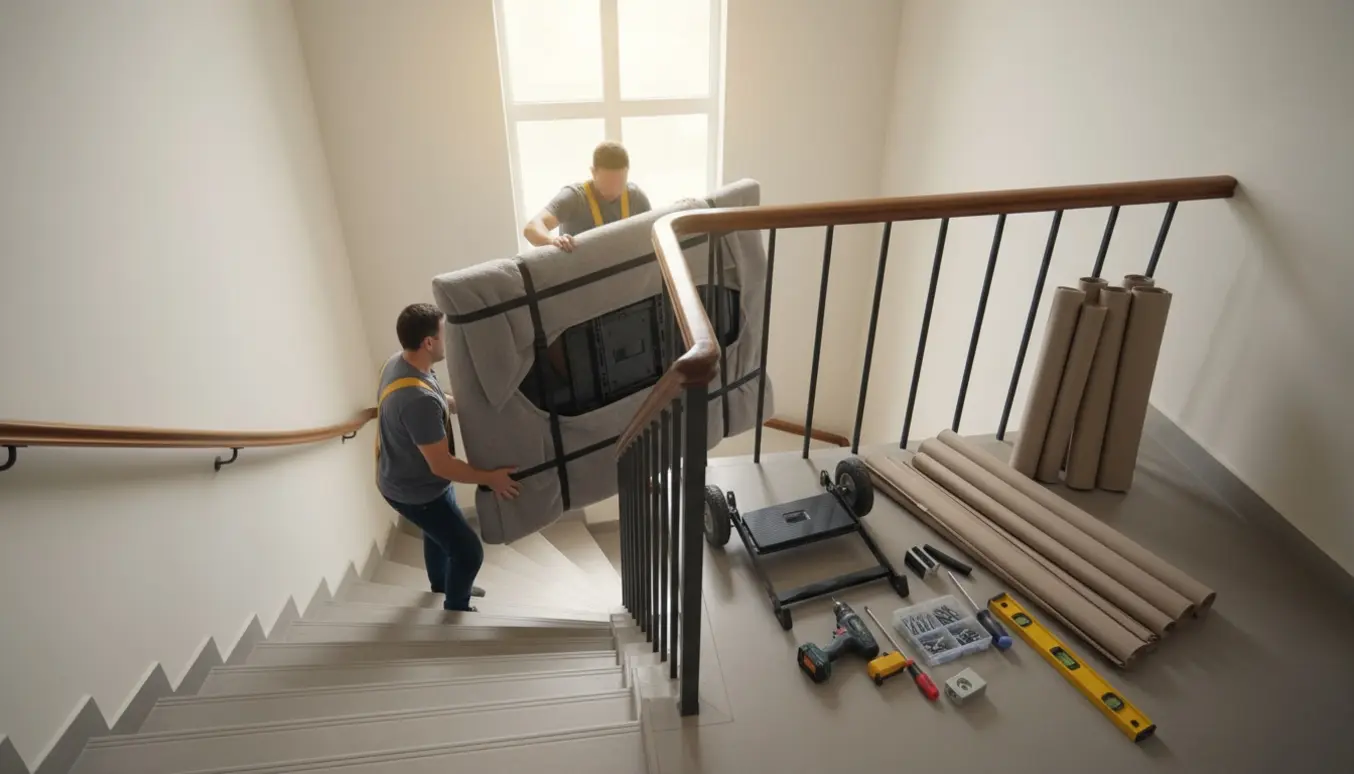 To personer bærer en indpakket TV-skærm ned ad opgangstrappen med persienner og værktøj klar til montering.