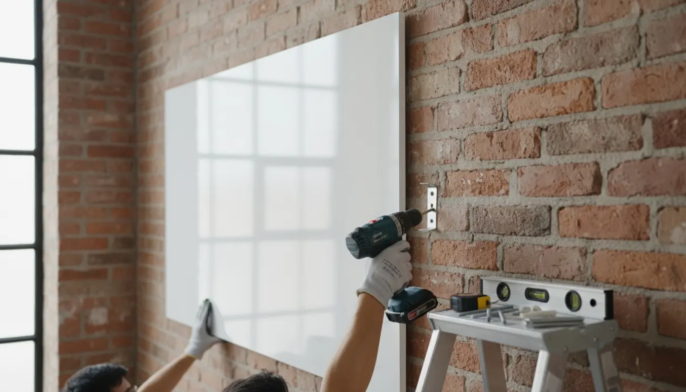 Et stort whiteboard hænges op på en murstensvæg med boremaskine, rawlplugs og ophæng.