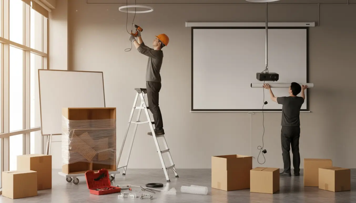 Håndværkere pakker og nedtager lamper, projektor, lærred, tavle og en hylde under en kontorflytning.