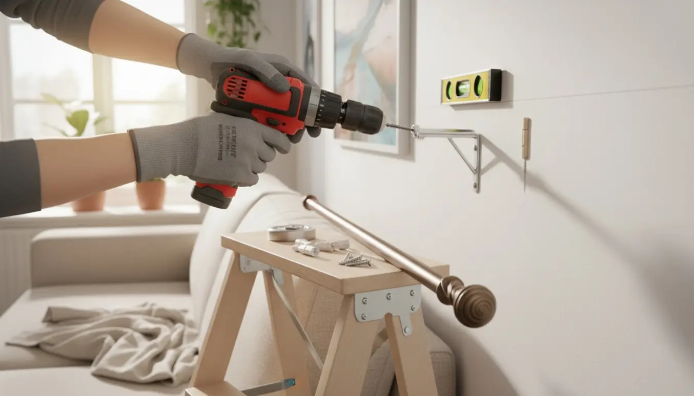 Hænder bruger en boremaskine til at fastgøre en gardinstang på en væg med vægplug og skruer.