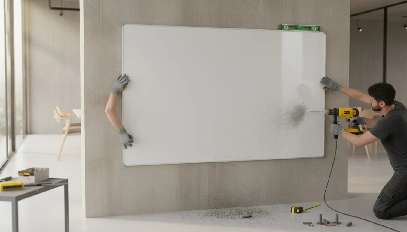 Hænder monterer et stort whiteboard på en betongvæg med borring og store skruer.