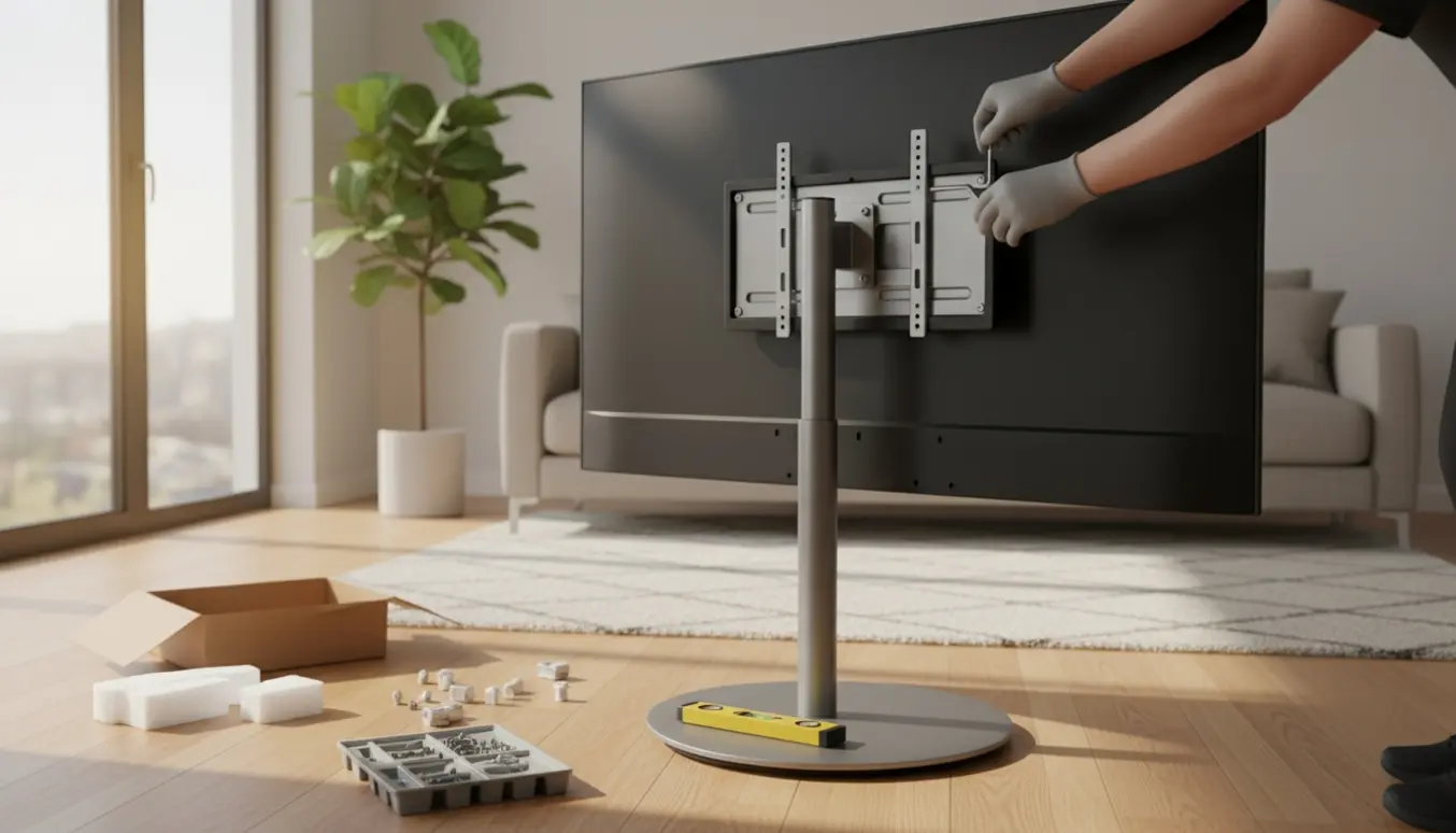 Nærbillede af hænder, der monterer et fladskærms-tv på en gulvstander i en lys, moderne stue.