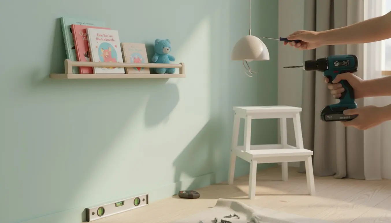 Nærbillede af hænder, der monterer en simpel loftslampe og skruer en lille børnebogreol op på en væg.