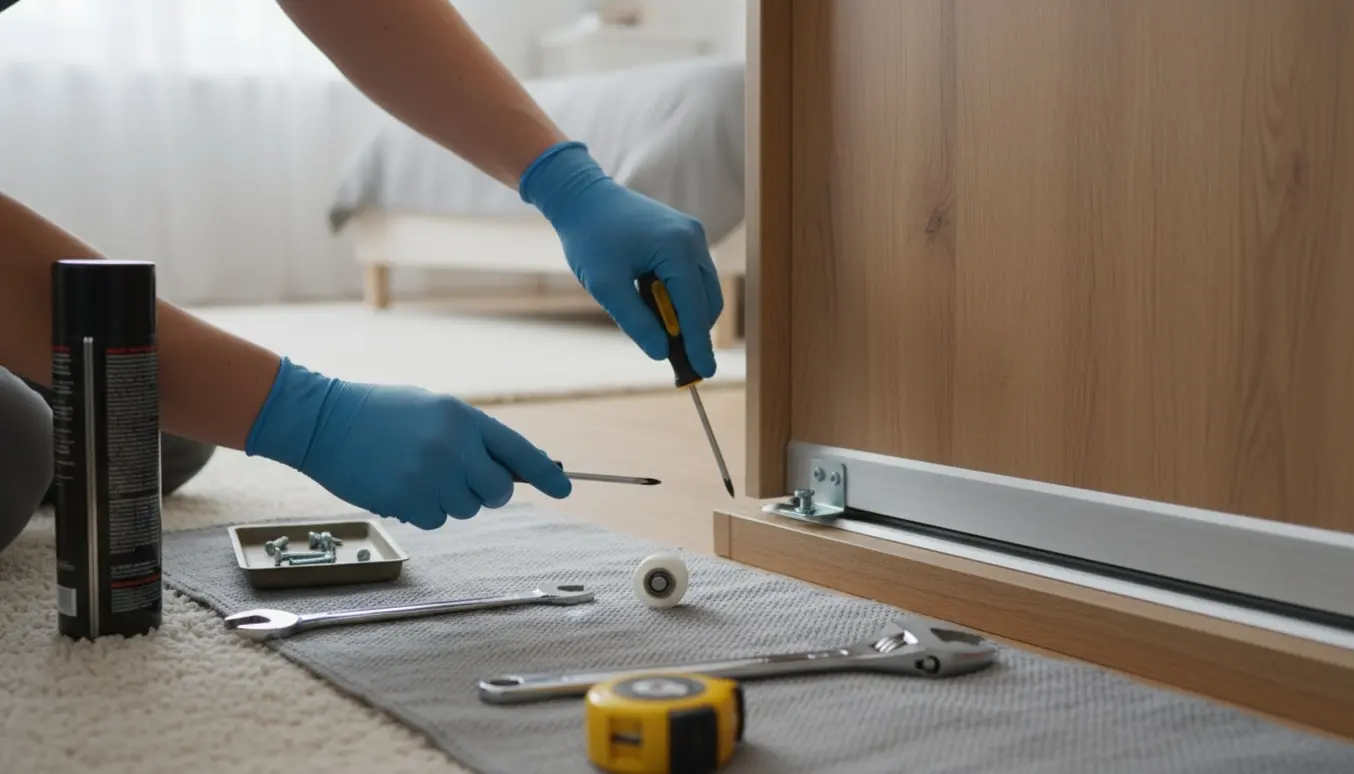 Hænder justerer en skydedørs rulle i bunden af et garderobeskab med værktøj ved siden af.