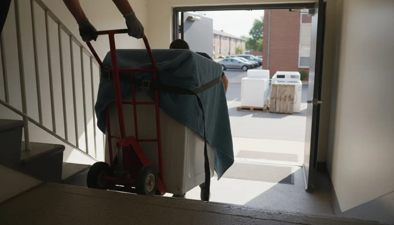 To personer bærer en defekt tørretumbler ned ad en trappe mod storskraldspladsen ved parkeringspladsen.