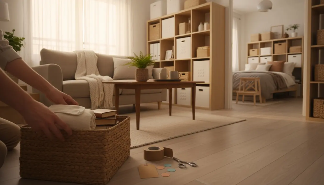 Soloplyst lejlighed med åbne flyttekasser, opbevaringskurve og hænder, der organiserer ting i et ryddeligt, hyggeligt rum.