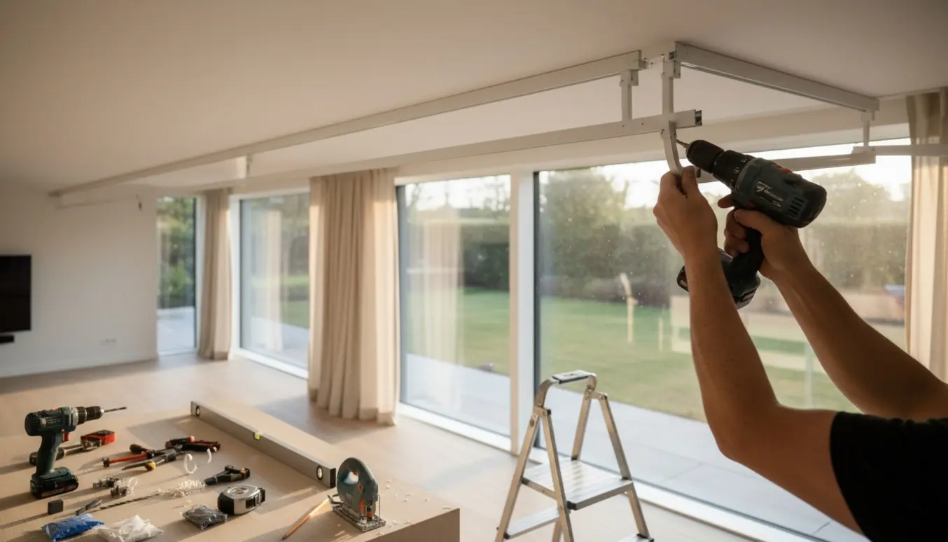 Nogen monterer hvide gardinskinner i loftet med boremaskine og værktøj samlet på gulvet.