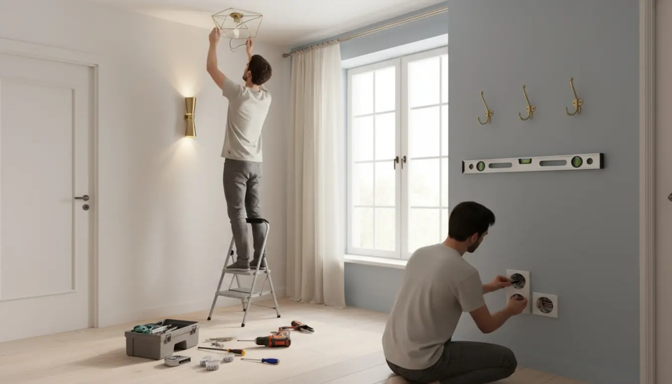 Hænder monterer lampe, gardinstang, knager og en ny stikkontakt i en lys lejlighed.