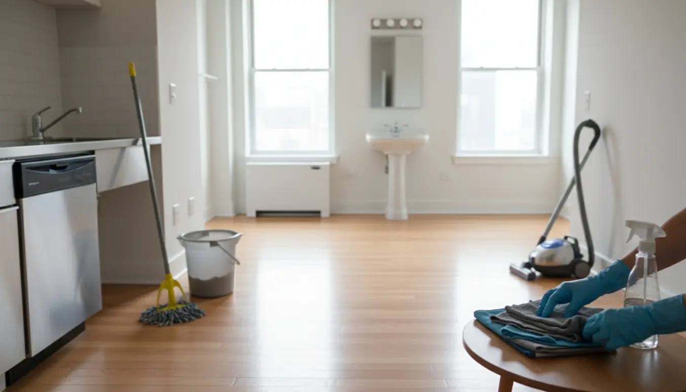 Nyvasket, velholdt toværelseslejlighed med rengøringsudstyr og skinnende badeværelse.