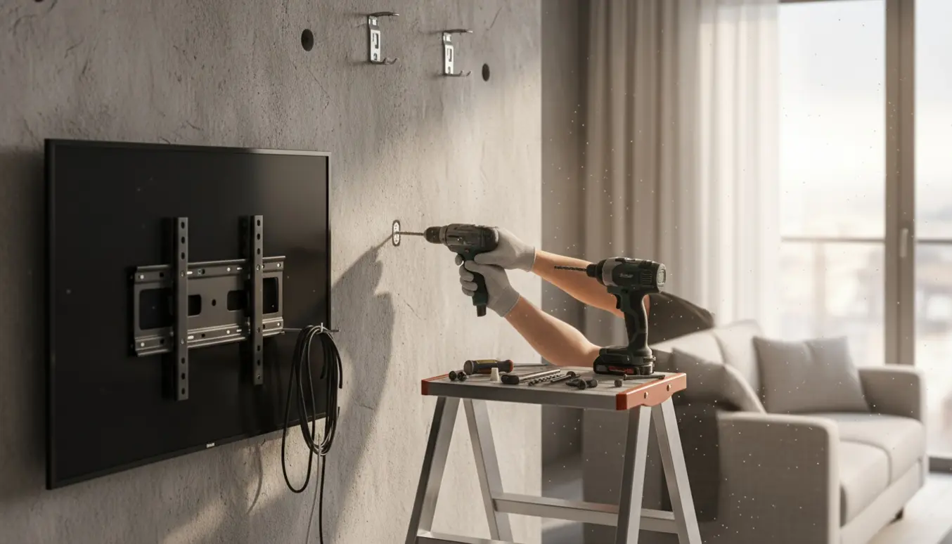 Nærbillede af hænder, der fjerner lampe, TV og gardinstænger fra en betonvæg med boremaskine og værktøj.