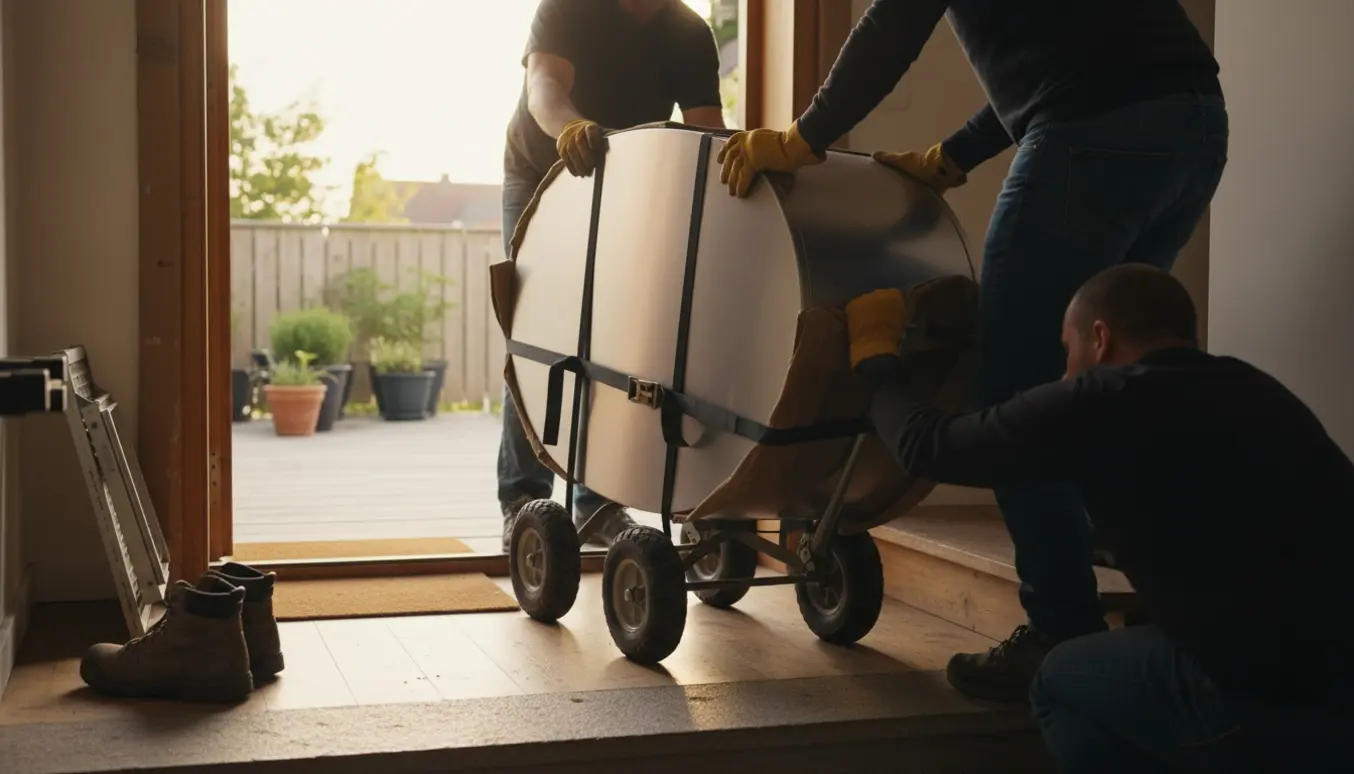 Tung oval grill på dolly bæres gennem husets dør mod en solbelyst terrasse med beskyttende tæpper og stropper.