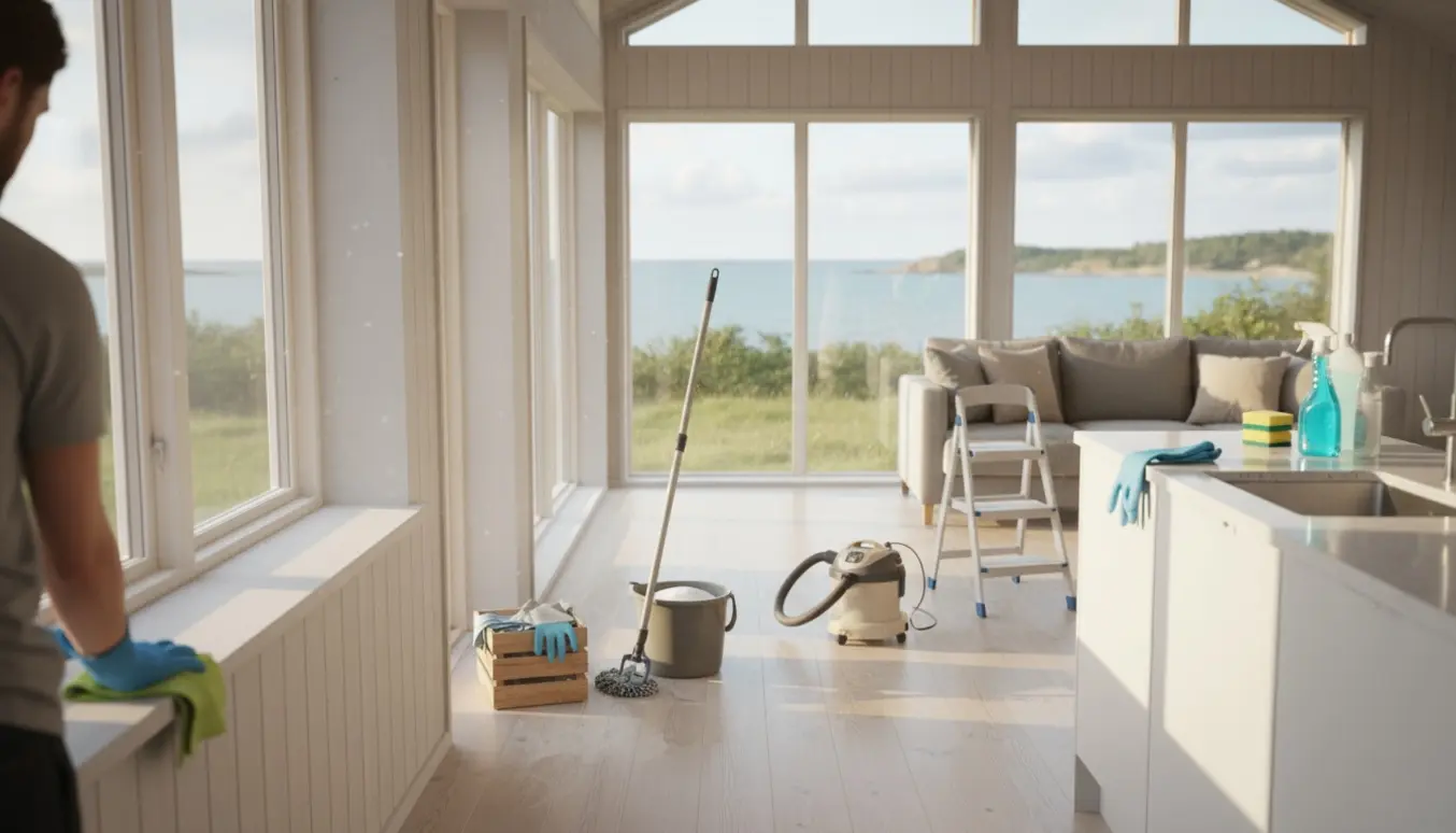 Lyst sommerhusinteriør under hovedrengøring med moppe, spand og handsker i naturligt sollys.