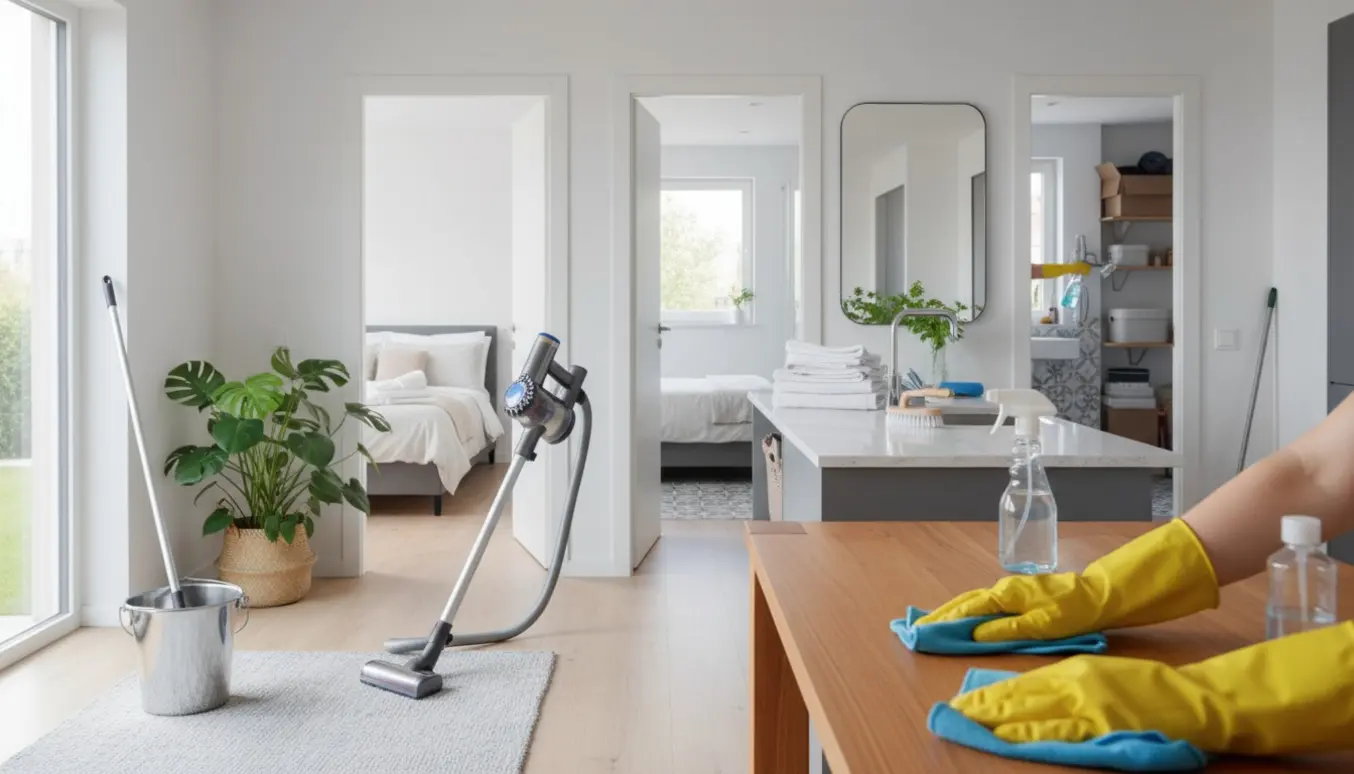 Interiørfoto af grundig rengøring i hjemmet med hænder i handsker og rengøringsredskaber.