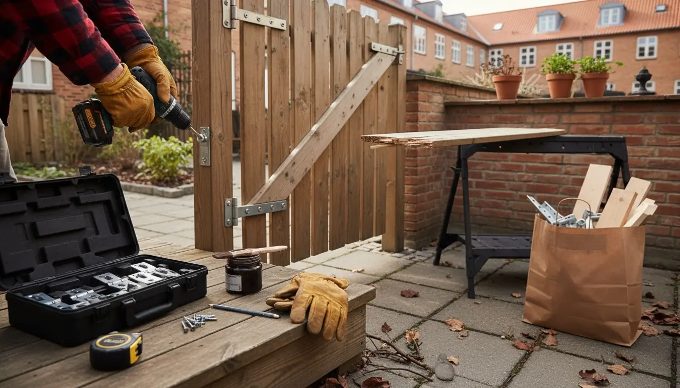 En person reparerer en beskadiget havelåge med værktøj og ny træplanke i en lille have.