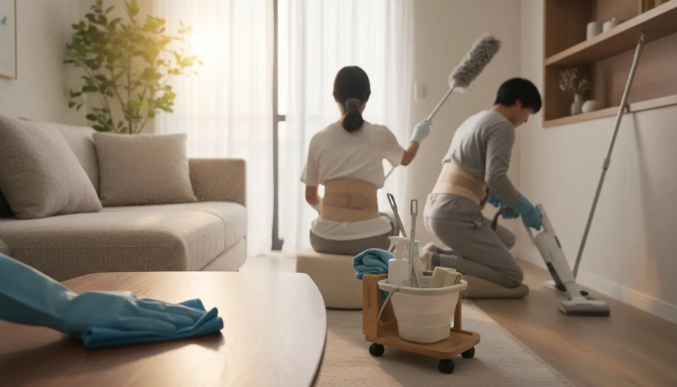 Solbelyst stue med ergonomiske rengøringsredskaber, en person med lændestøtte og hjælpere i gang med hovedrengøring.