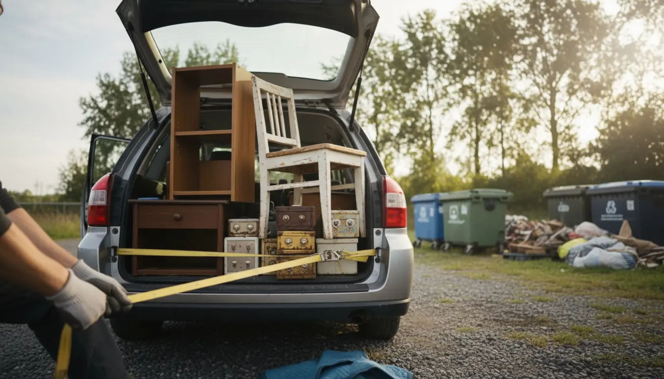 En bil læsset med småmøbler og nøglekasser ved en genbrugs-/losseplads, uden synlige ansigter.