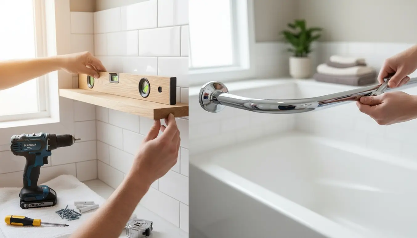 Nærbillede af hænder, der monterer en trævægshylde og en krom bruseforhængsstang i et lyst flisebadeværelse.