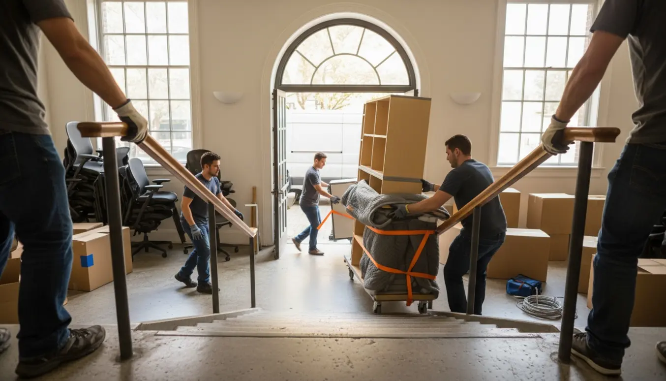 Flyttefolk bærer reol og ruller skriveborde ned ad trappen, mens møbler og kasser er klar til afhentning i gården.