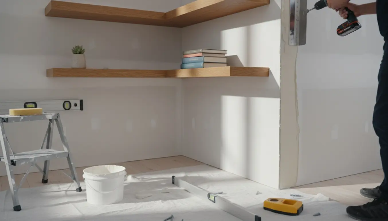 Tre træhylder monteres på en hvid gipsvæg, mens et hjørne spartles for anden gang.