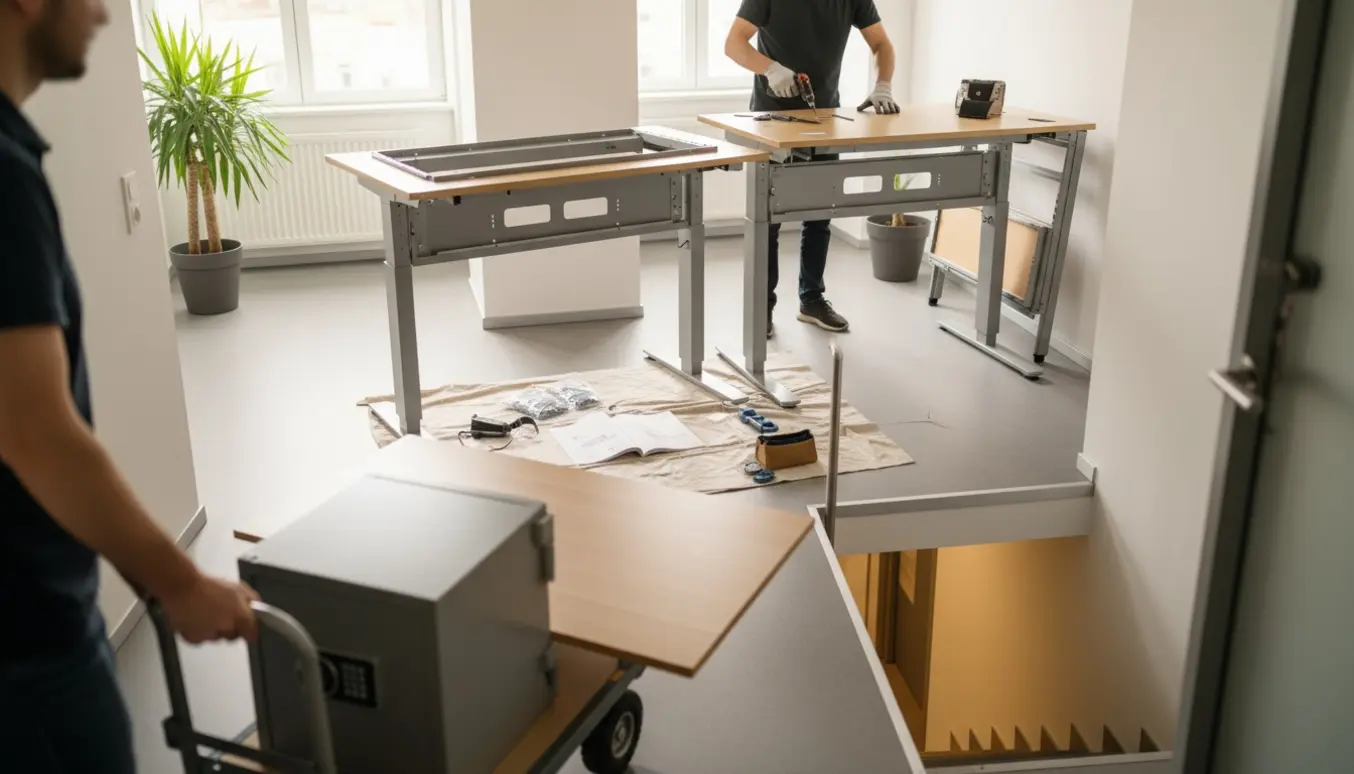 Hænder samler et hæve-sænke-bord i et lyst kontor, mens et lille pengeskab på en dolly står klar ved trappen til kælderen.