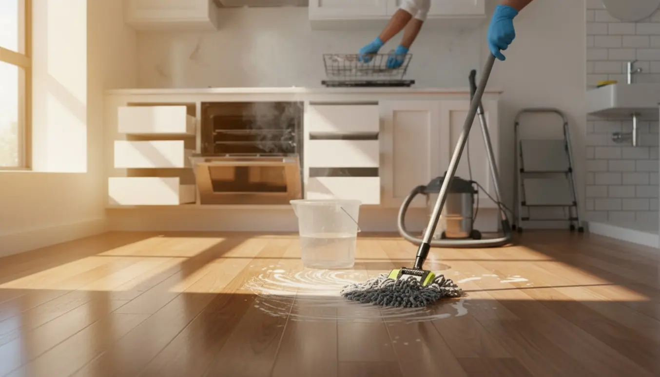 Tom lejlighed under udflytningsrengøring med åbne skabe, en moppe og handsker, der renser ovnriste.