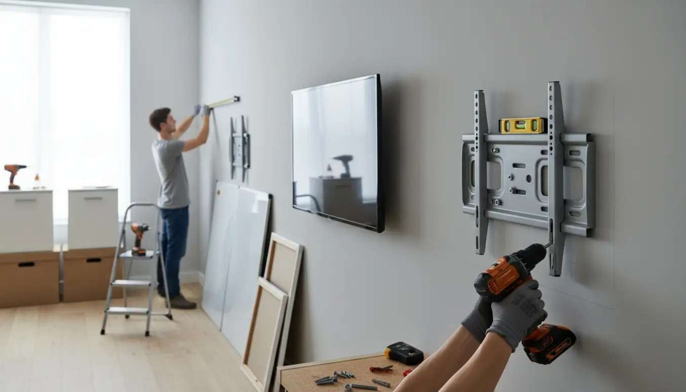Nærbillede af hænder og værktøj, der monterer to 35-tommer fladskærme, opsætter whiteboards og forbereder toiletskabe på en lys væg.