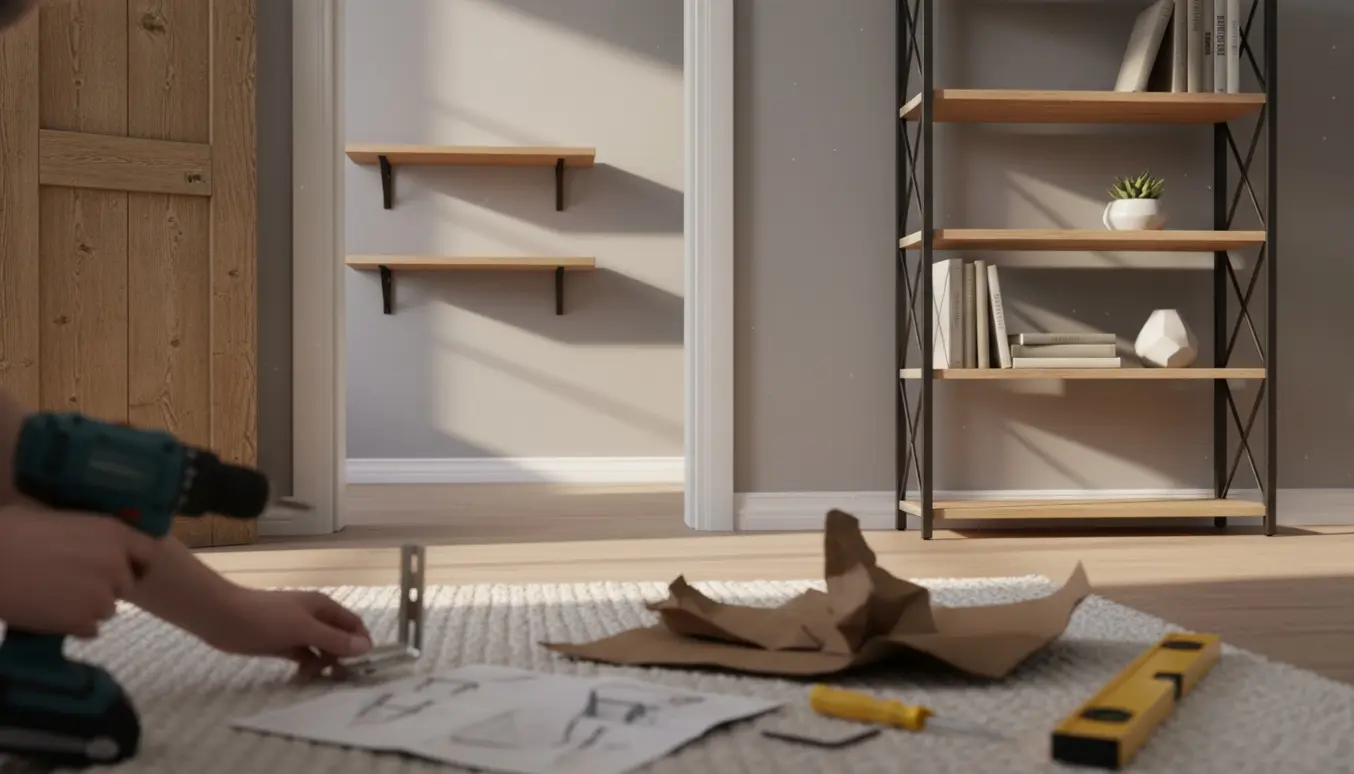 To nyopsatte hylder i et soveværelse set fra stuen med en nyligt samlet reol og værktøj i forgrunden.