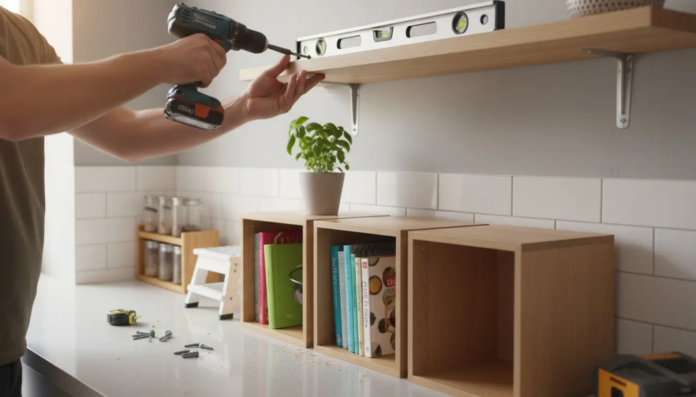 Nærbillede af hænder, der monterer en træhylde og væghængte bogkasser i et køkken med boremaskine og vaterpas.