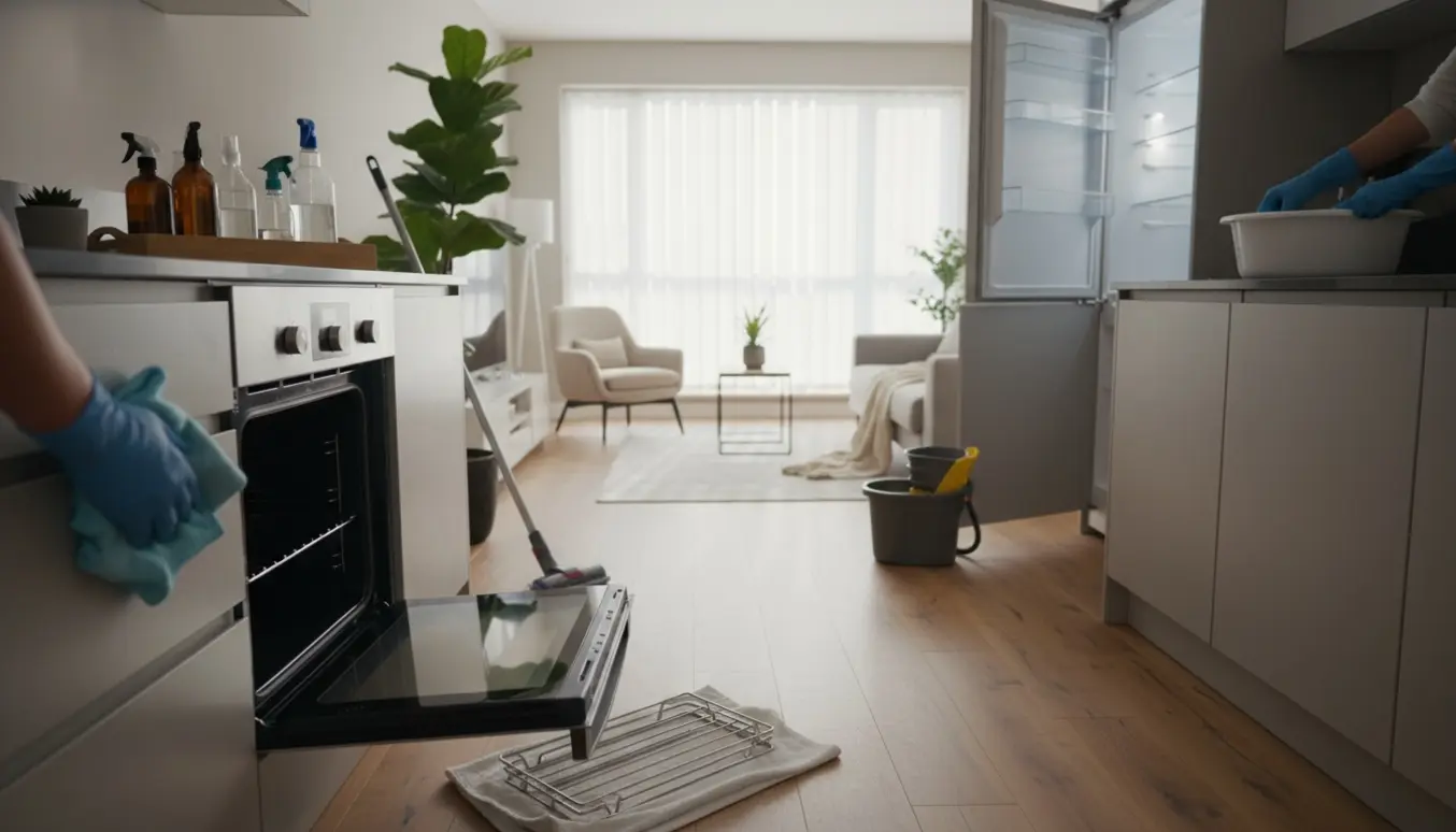Hovedrengøring i en moderne 70 m² lejlighed med hænder, der pudser ovn og køleskab.
