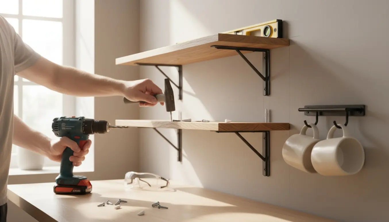 Par boghylder monteres på en væg med rawplugs, skruer og et lille vægophæng til kopper.