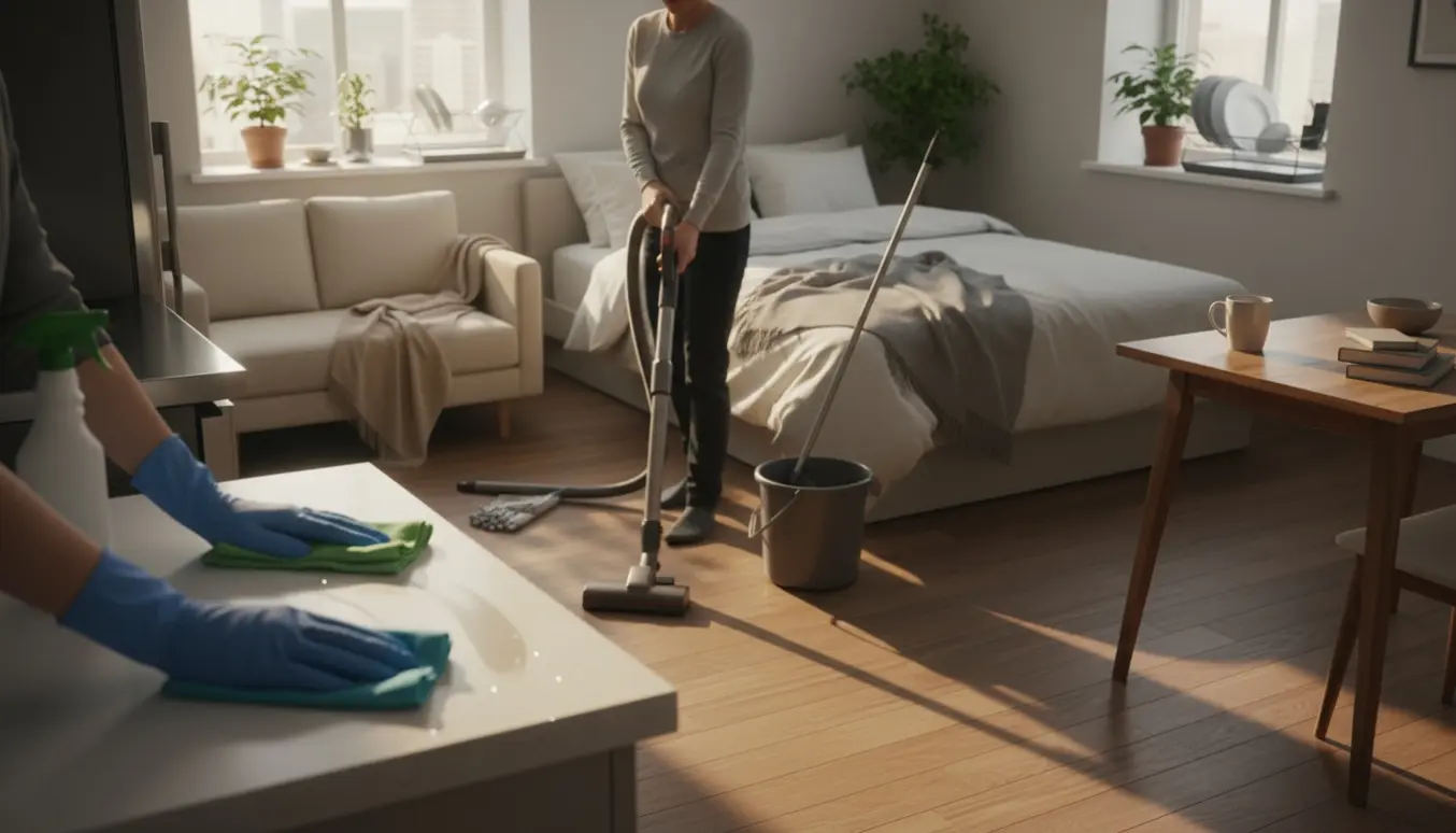 En person tørrer køkkenbordet af i en lys og ryddelig studielejlighed med støvsuger og moppe i baggrunden.