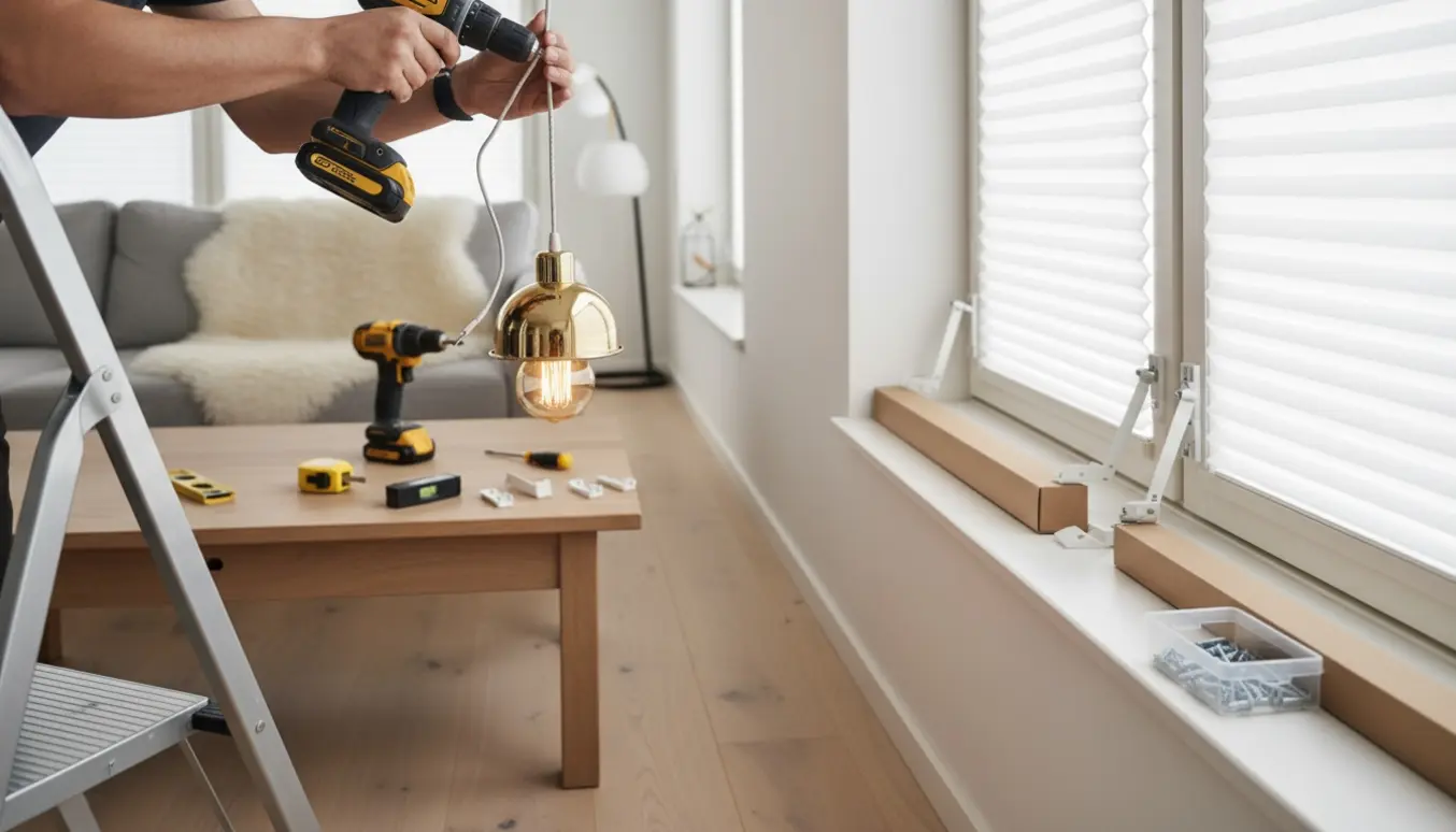 Montering af loftslampe og to plissérullegardiner i en lys, minimalistisk stue.