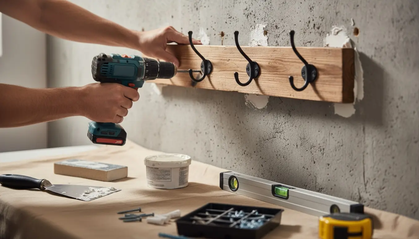 Nærbillede af hænder, der monterer en ny knagerække på en betonvæg med værktøj og spartelmaterialer.