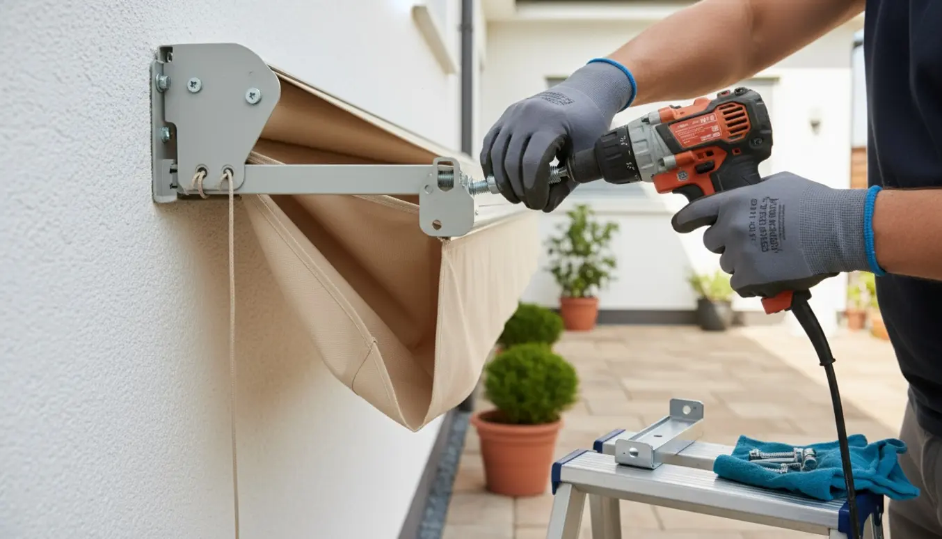 Hænder reparerer det venstre beslag på en udendørs markise.