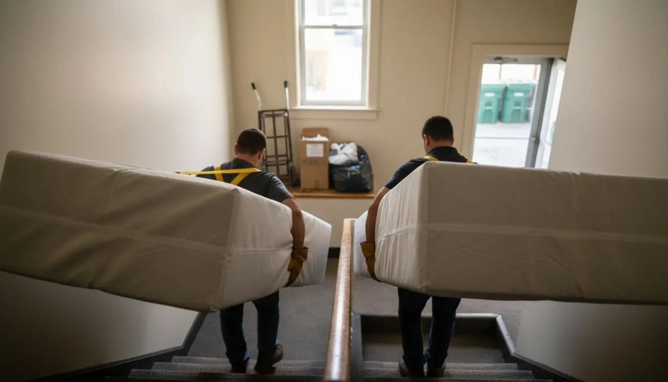 To personer bærer to boksmadrasser ned ad en opgang mod skraldeområdet, set bagfra.