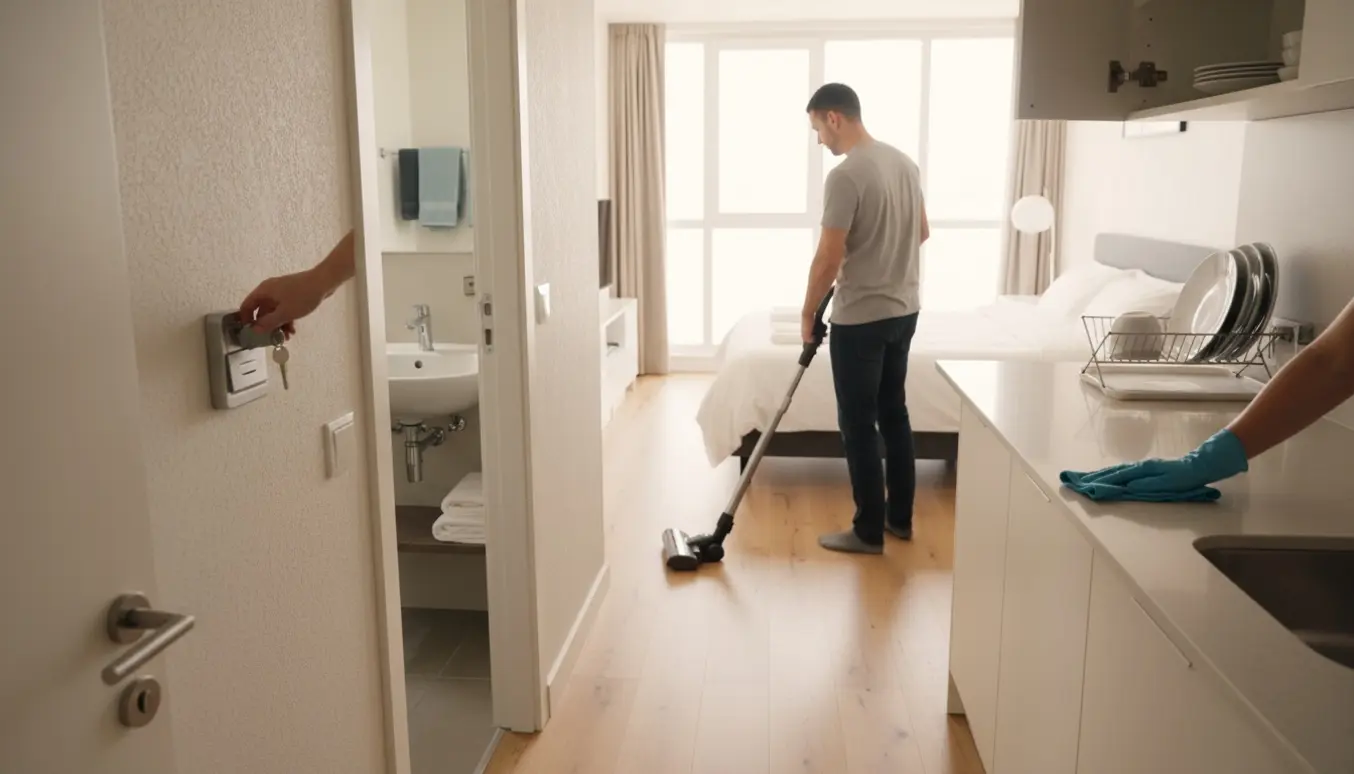Rengøring af en lys Airbnb-lejlighed ved middagstid med støvsugning, aftørring, frisk lagte senge og en nøgle der sættes i en åben nøgleboks.