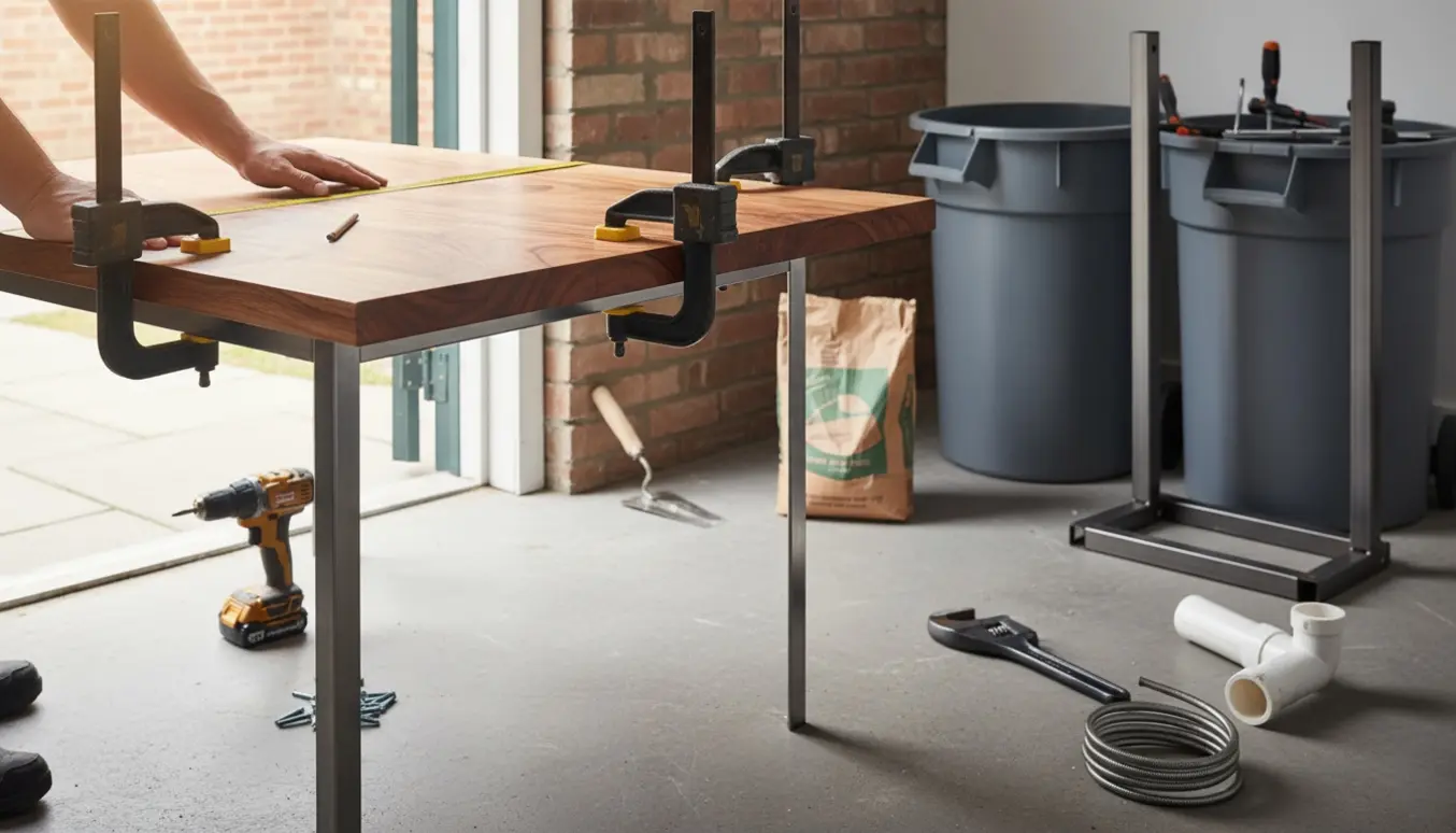 Håndværker monterer en specialskåret skrivebordsplade med værktøj, murreparation og stativ til skraldespande i baggrunden.