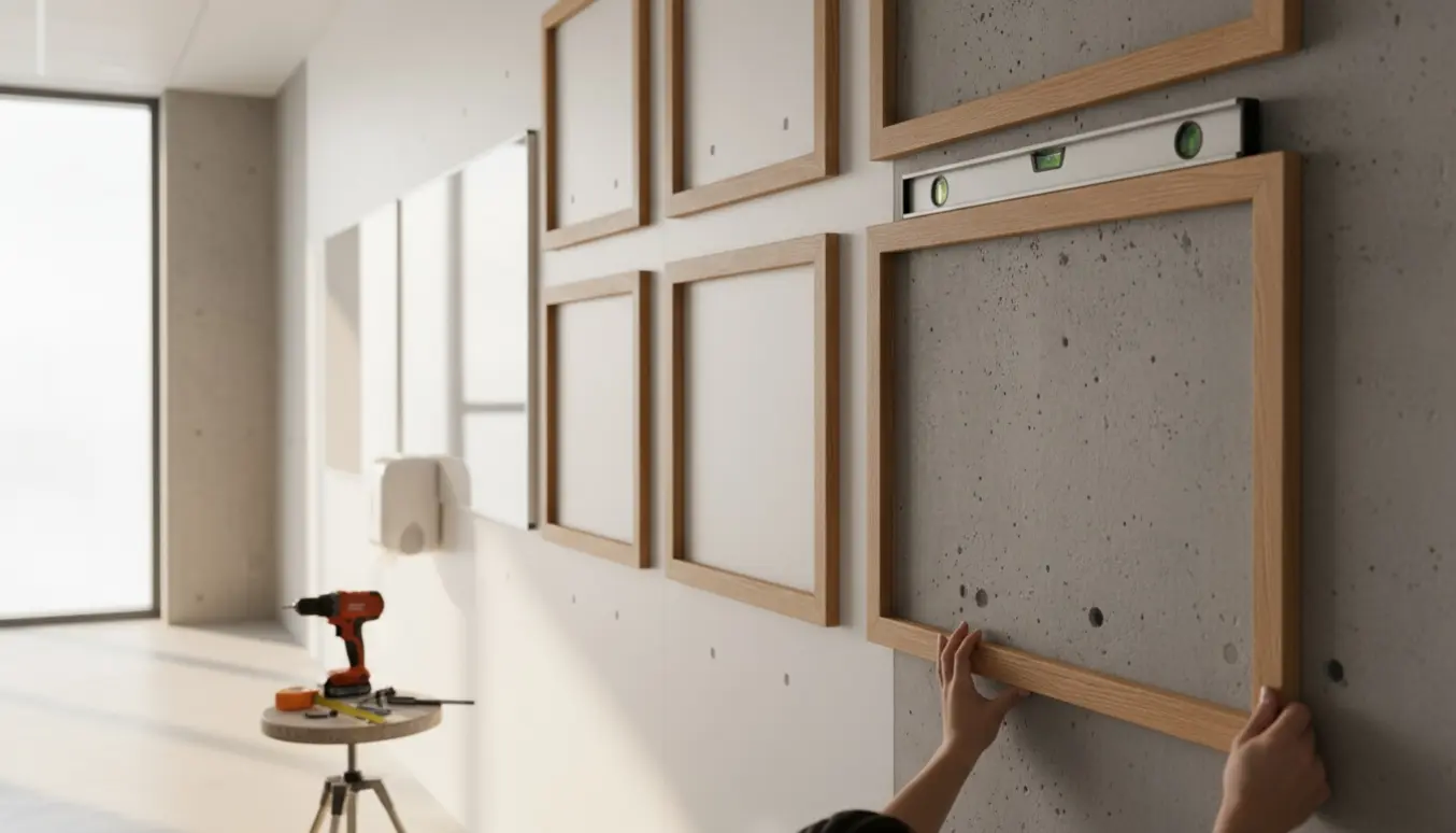 Montør monterer store rammer, to whiteboards og en papirholder på både gips- og betonvægge.