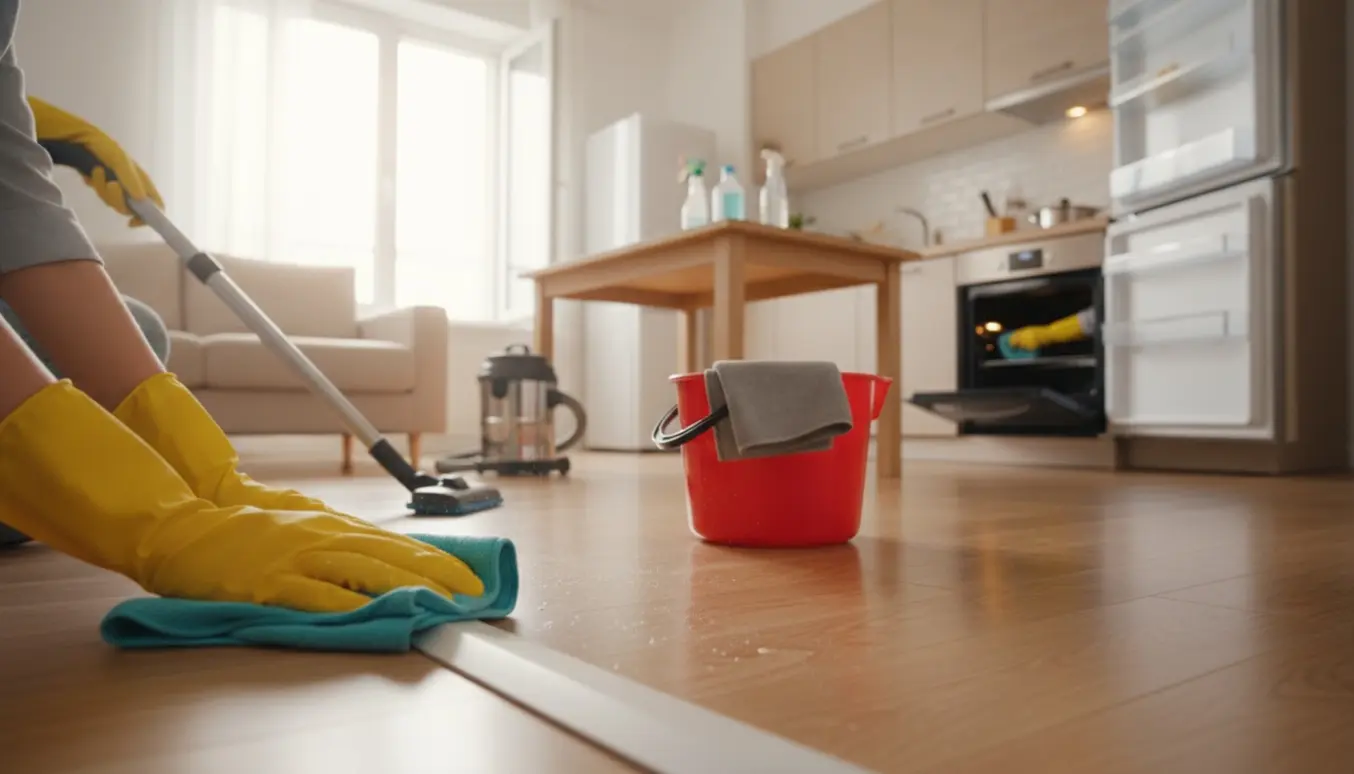 Hovedrengøring i en lys lejlighed med hænder i handsker, moppe, støvsuger og rengøringsmidler.