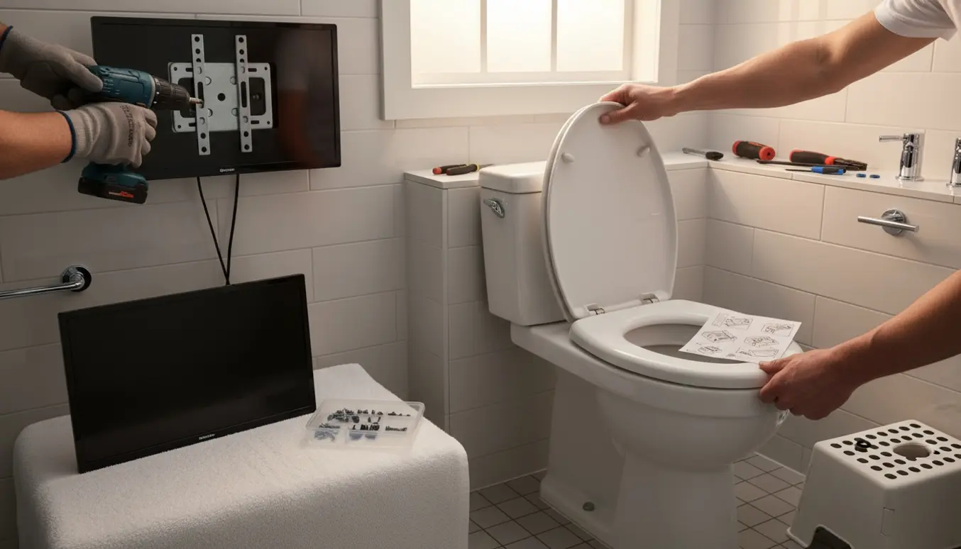 Hænder afmonterer to små vægmonterede fjernsyn og udskifter et toiletbræt i et lyst flisebadeværelse.