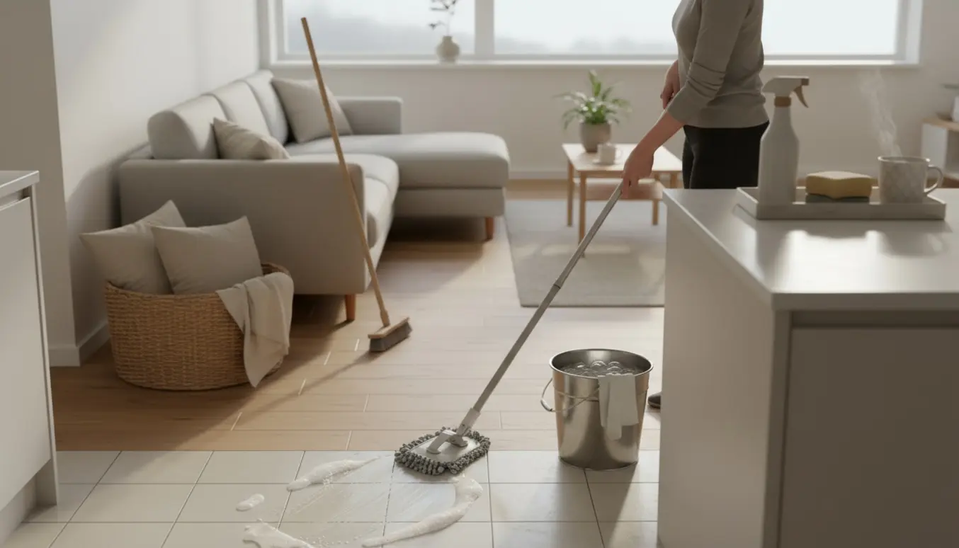 Åbent køkken-alrum hvor en person mopper gulvet og rydder op i blødt dagslys.
