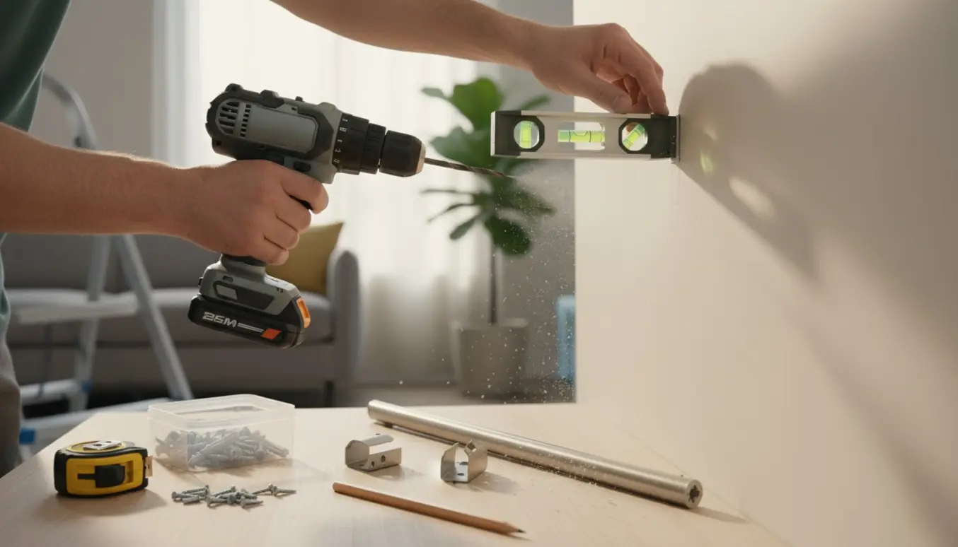 Nærbillede af hænder, der borer huller i en væg for at montere en gardinstang over et vindue.