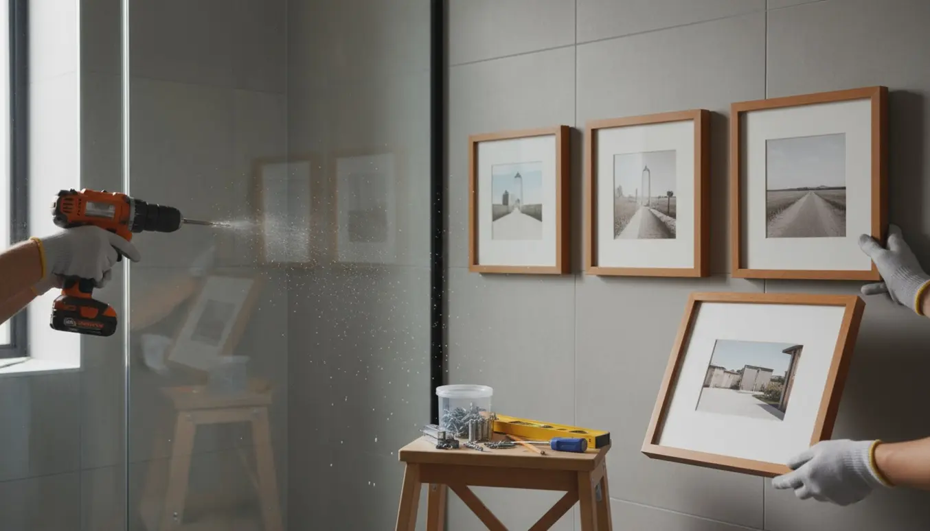 Nærbillede af hænder, der borer i flisefuge i et brusehjørne, mens fire billeder hænges op på væggen.