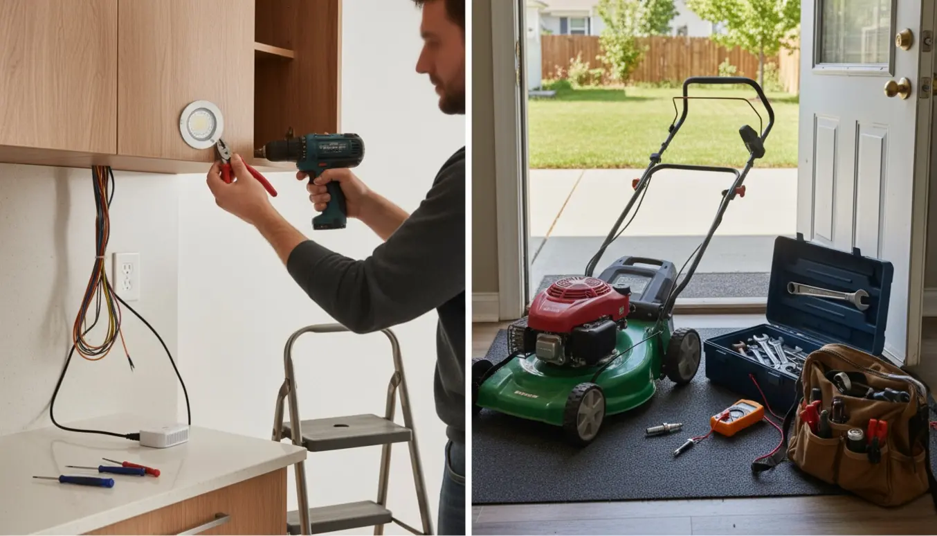 En person monterer tre underskabsspot i et køkken, mens en åben plæneklipper og værktøj ses på terrassen i baggrunden.
