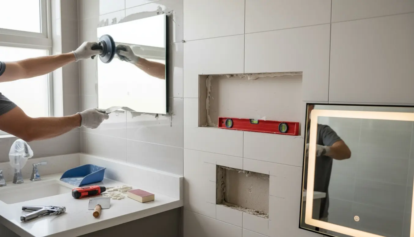 Hænder fjerner et fastlimet badeværelsespejl, mens nyt LED-spejl og værktøj er klar til montering.