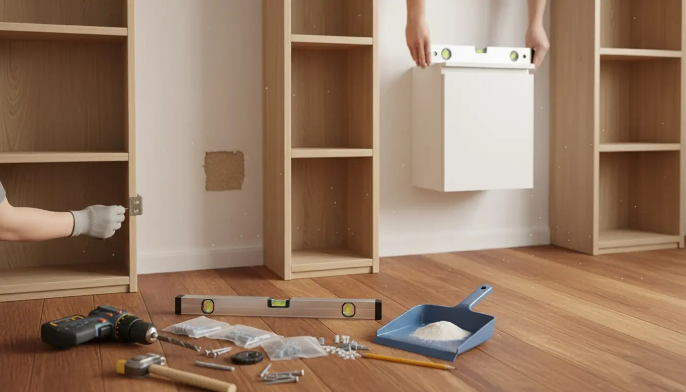 To reoler og et toiletskab monteres på en pudset væg med værktøj lagt frem på gulvet.