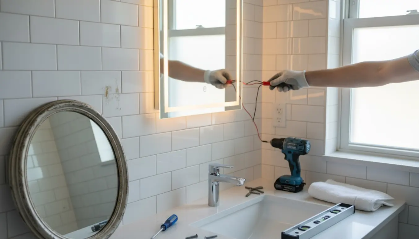 Hænder monterer et nyt toiletspejl med indbygget lys i et badeværelse med værktøj på bordet.