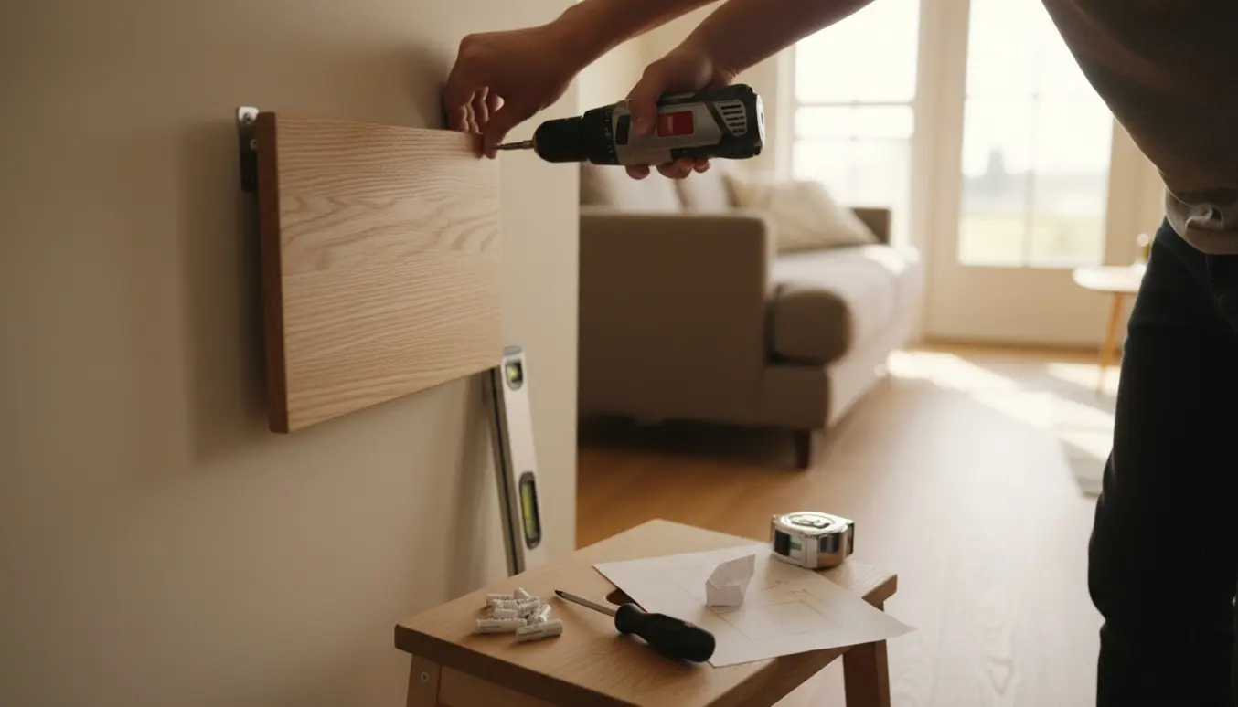 Nærbillede af ophængning af en lille magasinholder på en væg med værktøj og hænder i arbejde.